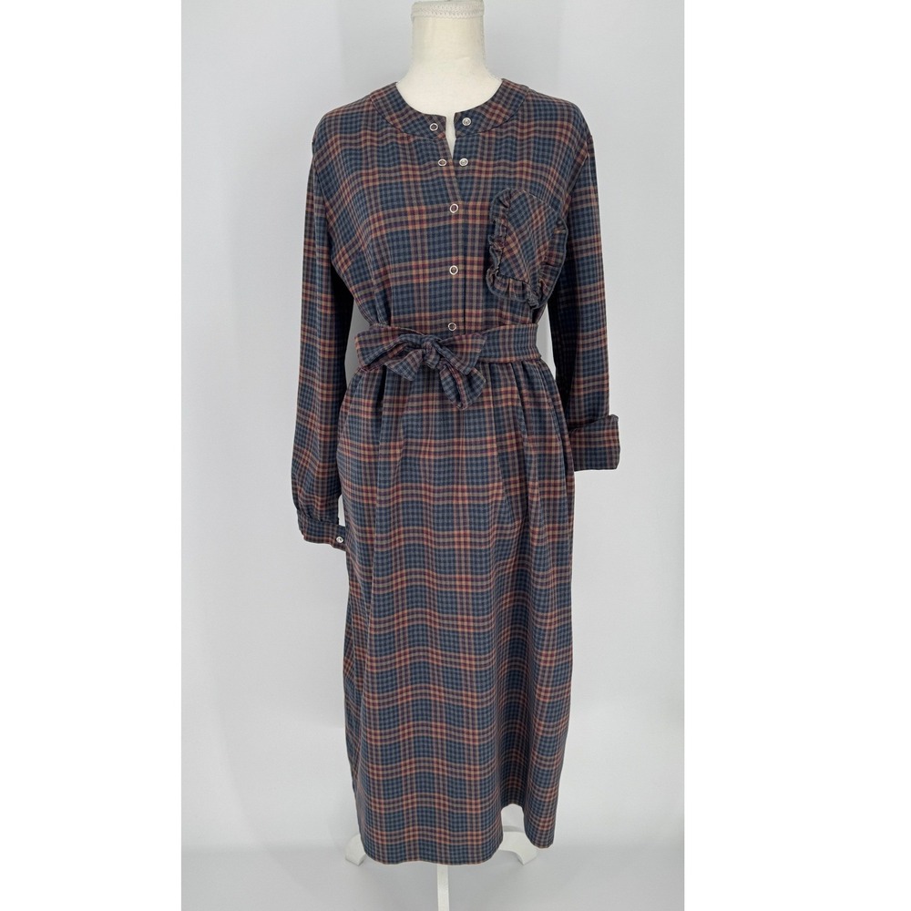 Plaid Flannel Belted Midi Dress Ruffle Pocket Dark Academia Cottagecore Autumn